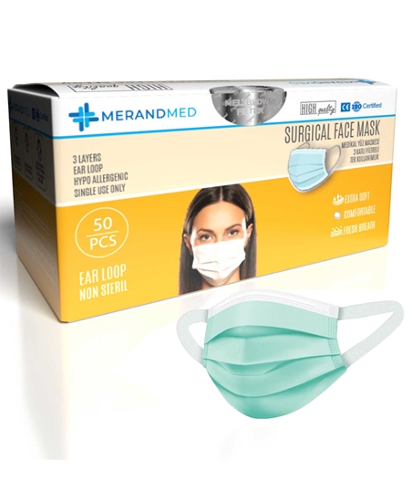 Picture of Merand Global 3 Katlı Cerrahi Maske Meltblown Spoundbond Yeşil Kalın Lastikli Kutu İçi 50 Adet