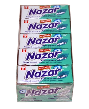 Nazar Sakız 20'li Paket Bikarbonatlı ve Nane Aromalı Şekersiz nazar, sakız, şekersiz sakız, naneli sakız, nane aromalı sakız, bikarbonatlı sakız