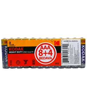 Kodak Heavy Duty ZINC AAA İnce Kalem Pil 8+4'lü Paket kodak, pil, kalem pil, kumanda pili, aa pil, kalın kalem pil, fener pili, oyuncak araba pili, kodak pil satın al, kalem pil fiyatları