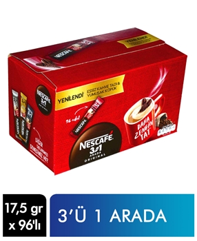 Nescafe 3 in 1 96's Pack 	nescafe, neskafe, kahve, toz kahve, çözünebilir kahve, şekerli kahve, kremalı kahve, 3ü1 arada, toptan kahve, tekli nescafe, tek seferlik nescafe, tek fincanlık nescafe, toptan nescafe, neskafe, toptan neskafe, neskafe fiyatları