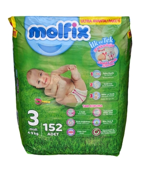 Molfix Bebek Bezi 152'li 3 Midi molfix, molfiks, bebek bezi, bebek bezi fiyatları, bebek bezi satın al, toptan bebek bezi, çocuk bezi
