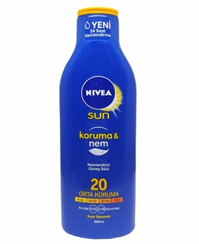 P-Nivea Sun Protection & Moisturizer Sun Milk 20 GFK 200 ml nivea, nivea sun, gunes kremi, gunes yagi, gunes spreyi, bronzlasma, gunes korumasi, hassas cilt gunes kremi, güneş sütü