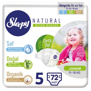 Sleepy Bebek Bezi 72'li Natural Ultra Hassas 5 Junior sleepy, bebek bezi, junior bebek bezi, 5 numara bebek bezi, sleepy bebek bezi, bebek bezleri, bebek bezi fiyatları, bebek bezi satın al, toptan bebek bezi, bebek bezi markaları