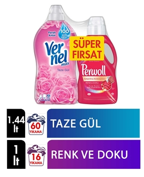 Vernel Softener  1440 ml Fresh Rosel + Perwoll Liquid Laundry Detergent Color&Texture - 1 lt  Picture of Vernel Softener  1440 ml Fresh Rosel + Perwoll Liquid Laundry Detergent Color&Texture - 1 lt