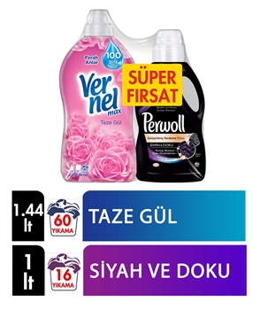 Vernel Softener 1440 ml Fresh Rose + Perwoll Liquid Laundry Detergent Black&Texture -  1 lt  Picture of Vernel Softener 1440 ml Fresh Rose + Perwoll Liquid Laundry Detergent Black&Texture -  1 lt