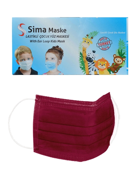 Picture of 3 Katlı Telli Sima Çocuk Maske 50'li Paket Bordo 4-12 Yaş