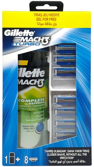 Picture of XGillette Mach3 Turbo Refill Razor Blade 8's Mach3 Sensitive Shaving Gel 200 ml Gift