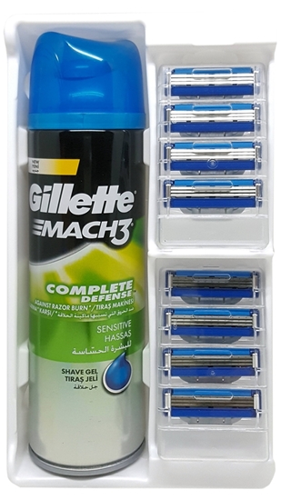 Picture of XGillette Mach3 Turbo Refill Razor Blade 8's Mach3 Sensitive Shaving Gel 200 ml Gift