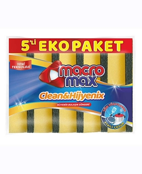 Macromax Bulaşık Süngeri Clean & Hijyenix 5'li Eko Paket macromax, macro max, bulaşık süngeri, bulaşık süngeri fiyatları, yeşil sünger, sarı sünger, mutfak malzemeleri, bulaşık yıkama, temizlik ürünleri, bulaşık süngeri satın al