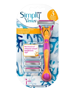 Gillette Venus Simply3 Handle + 3 Refill Blade 	gillette, venus, gillette venus, venüs, jilet, kadın tıraş bıçağı, kadın jilet, kadın tıraş ürünleri, ağda, epilasyon, gillette venus tıraş bıçağı satın al, gillette venus tıraş bıçağı fiyatı