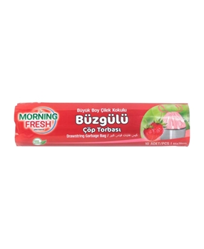 Morning Fresh Büzgülü Çöp Poşeti Büyük Boy 10 Lu 65*70 cm Çilek Kokulu morning fresh, morning fresh büzgülü çöp poşeti, çöp poşeti, büzgülü çöp poşeti, kokulu çöp poşeti, çilek kokulu çöp poşeti, büyük boy çöp poşeti