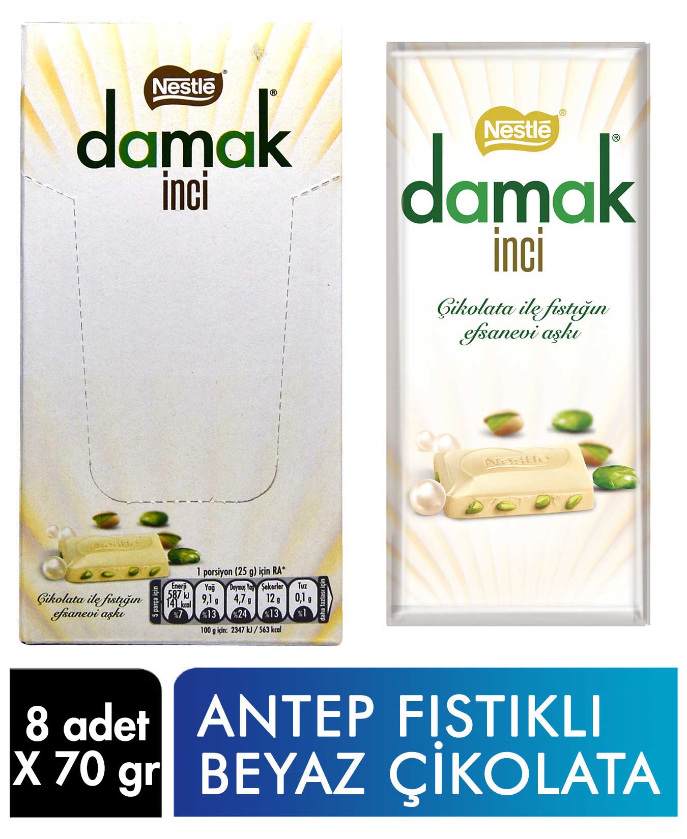 En Ucuz Nestle Damak İnci Antep Fıstıklı Beyaz Çikolata 70 g x 8'li ...
