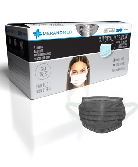 Picture of Merand Global 3 Katlı Cerrahi Maske Meltblown Spunbond Siyah Kalın Lastikli Kutu İçi 50 Adet